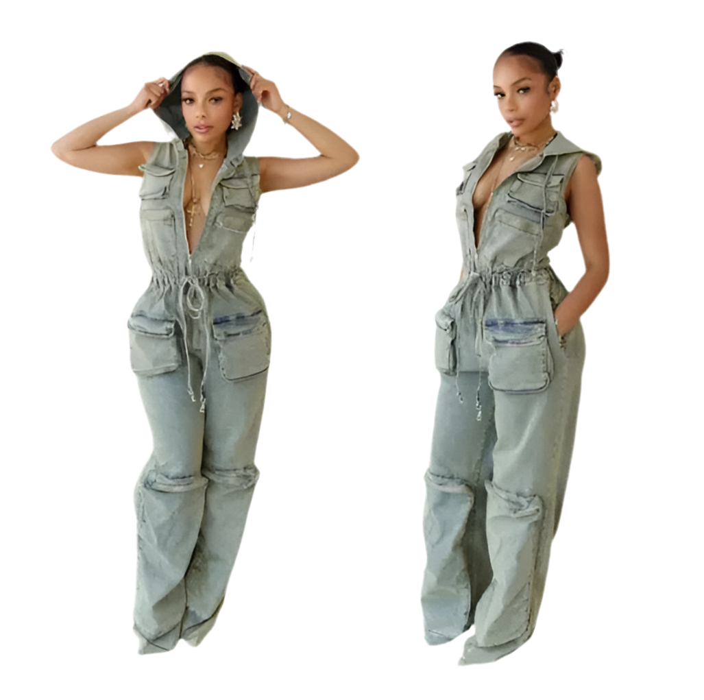 Hooded Denim Cargo Jumpsuit